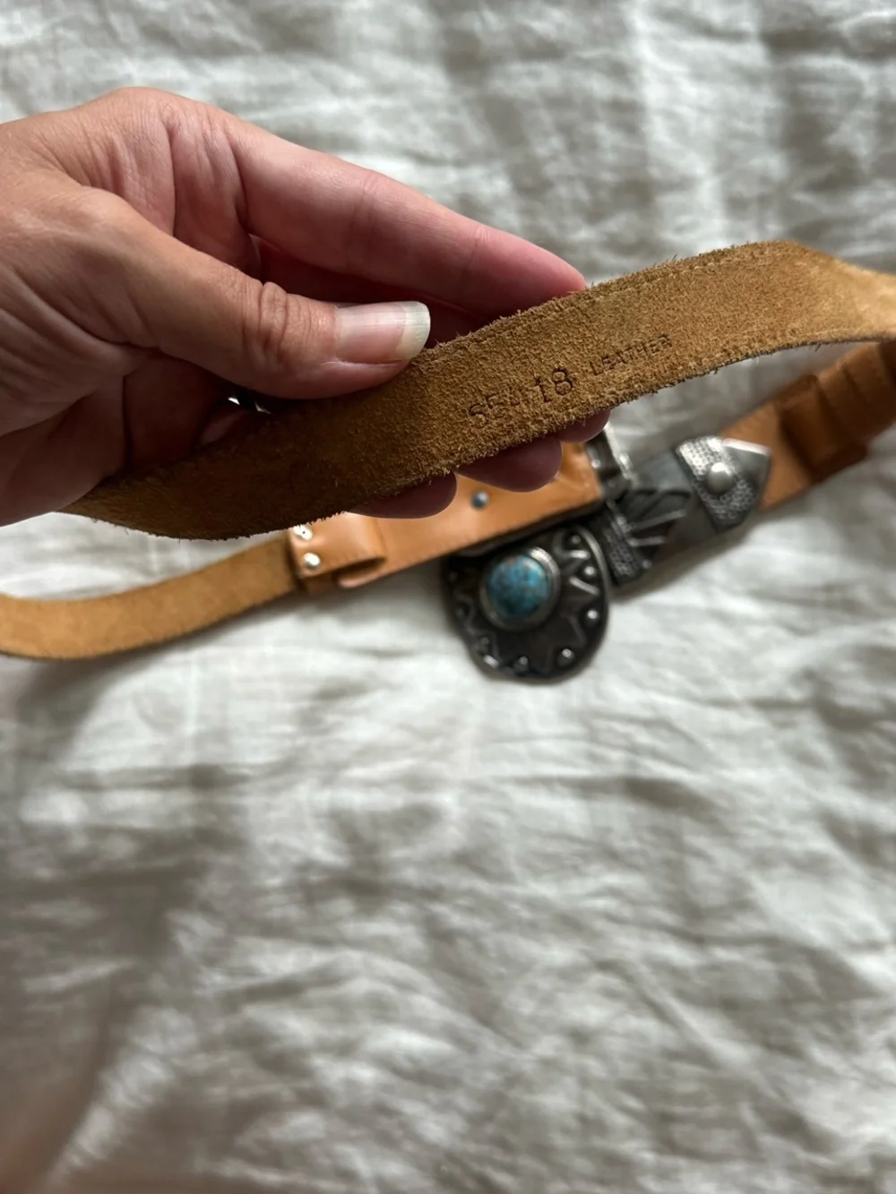 Vintage Tan Leather Belt with Turquoise Accent